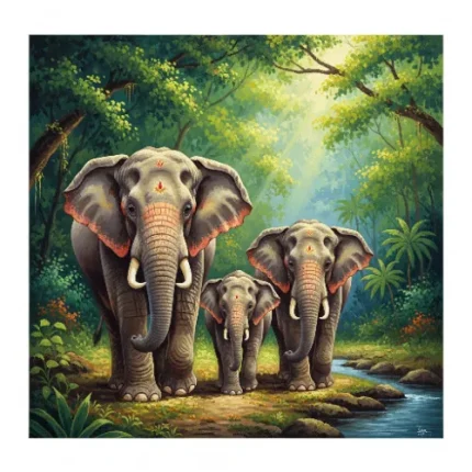 Prosperity & Wealth Vastu Painting – Elephant Family in Jungle