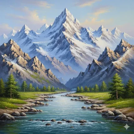 Nature & Element Balancing Vastu Painting – Snow Mountains with River