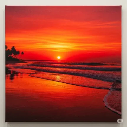 Beautiful Beach Sunset Canvas Wall Painting – Bright Red Sky Reflection