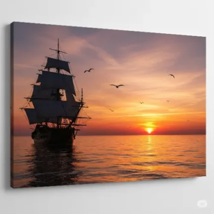 Sunset Sailing Ship Premium Canvas Wall Painting – Prosperity, Harmony & Inspiration