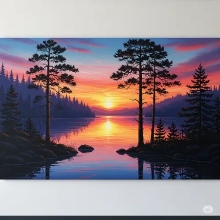 Modern Sunset Lake Forest Natural Scenery 3D Mural Canvas Wall Painting (Vastu Positive)