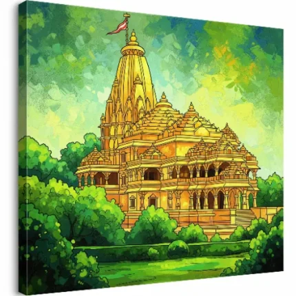 Shree Ram Temple Green & Yellow Canvas Wall Art Painting – Divine Energy, Growth & Positivity