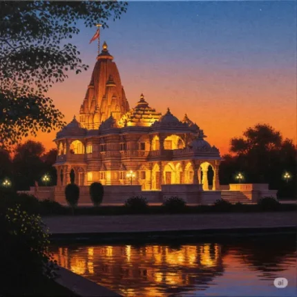Shree Ram Temple Evening Time Canvas Wall Art Painting – Divine Serenity & Positive Energy