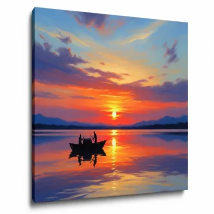 Beautiful Sunset with Boat under Lake Canvas Wall Painting – Tranquil Nature Wall Art