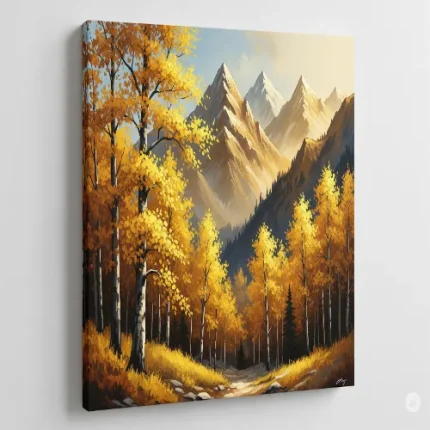 Golden Forest and Mountains Canvas Wall Painting – Symbol of Growth, Prosperity & Stability
